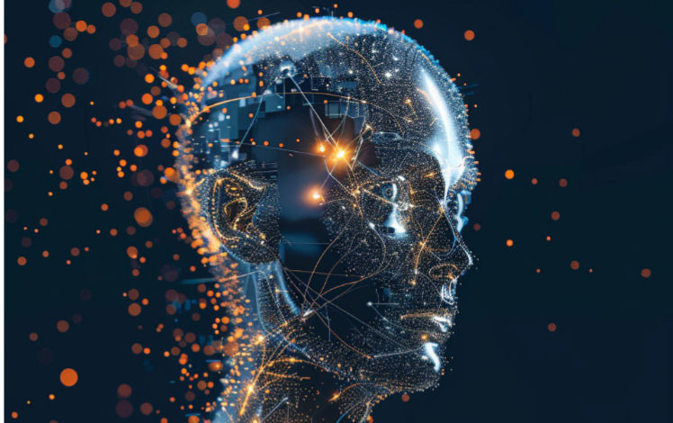 An image of a humanoid head with bright lights circling it that was created by GenAI app Midjourney