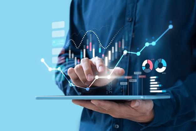 Illustration of a personal using a tablet with visualizations of data displayed in the air